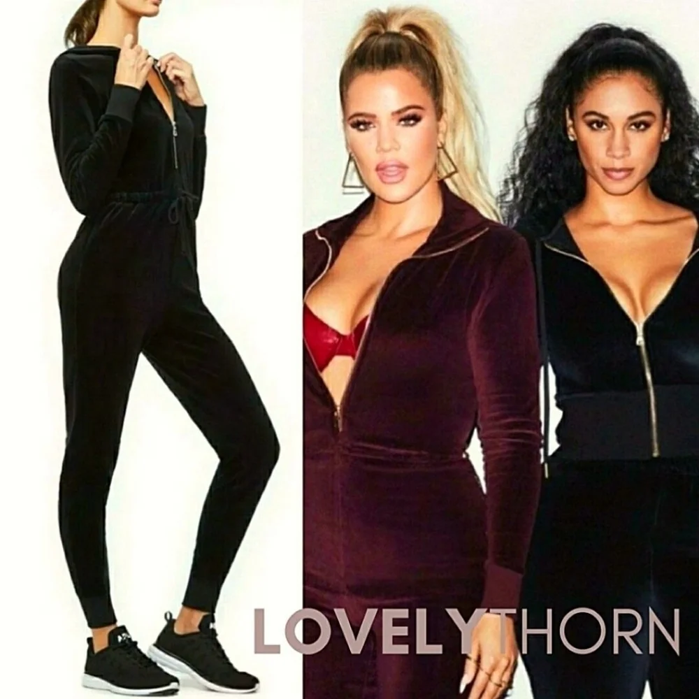 GOOD AMERICAN // ltd ed black velour long sleeve hooded full zip jumpsuit